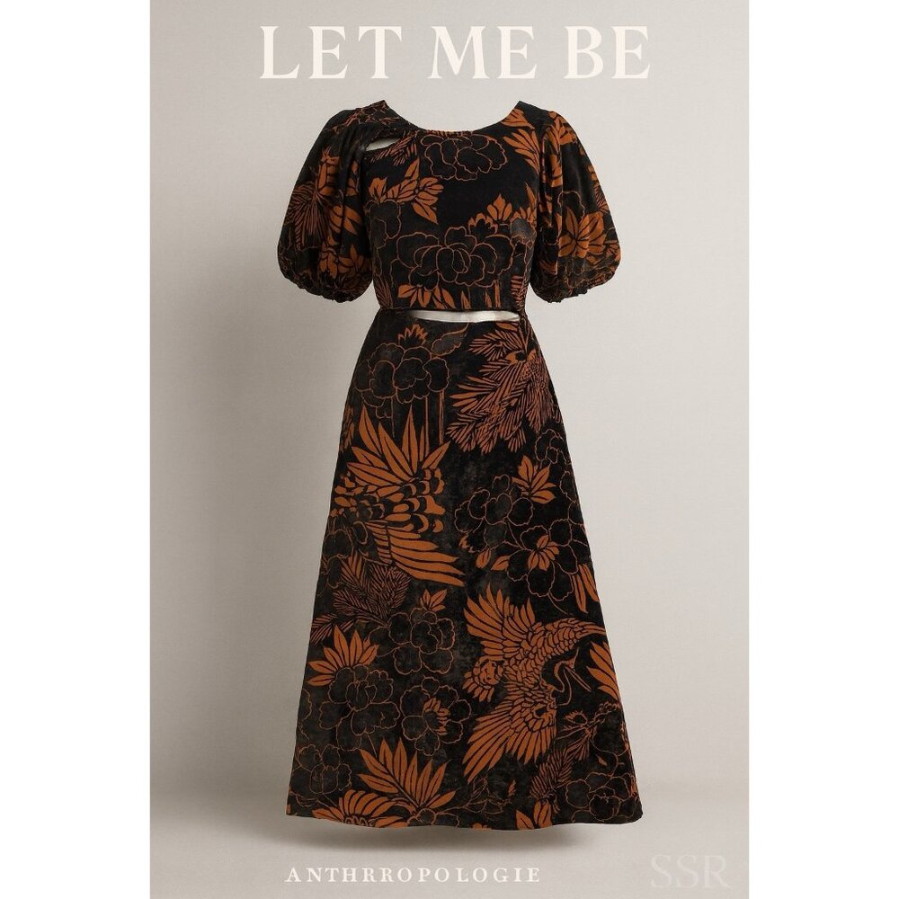 Anthropologie Let Me Be Velvet Floral Cutout Maxi Dress Black Orange L $248 NWT